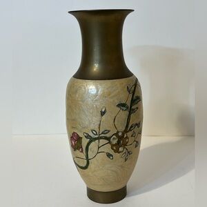 Vintage SOLID BRASS Tall Hand Painted Floral Flower Vase MCM Boho India 10.5"H
